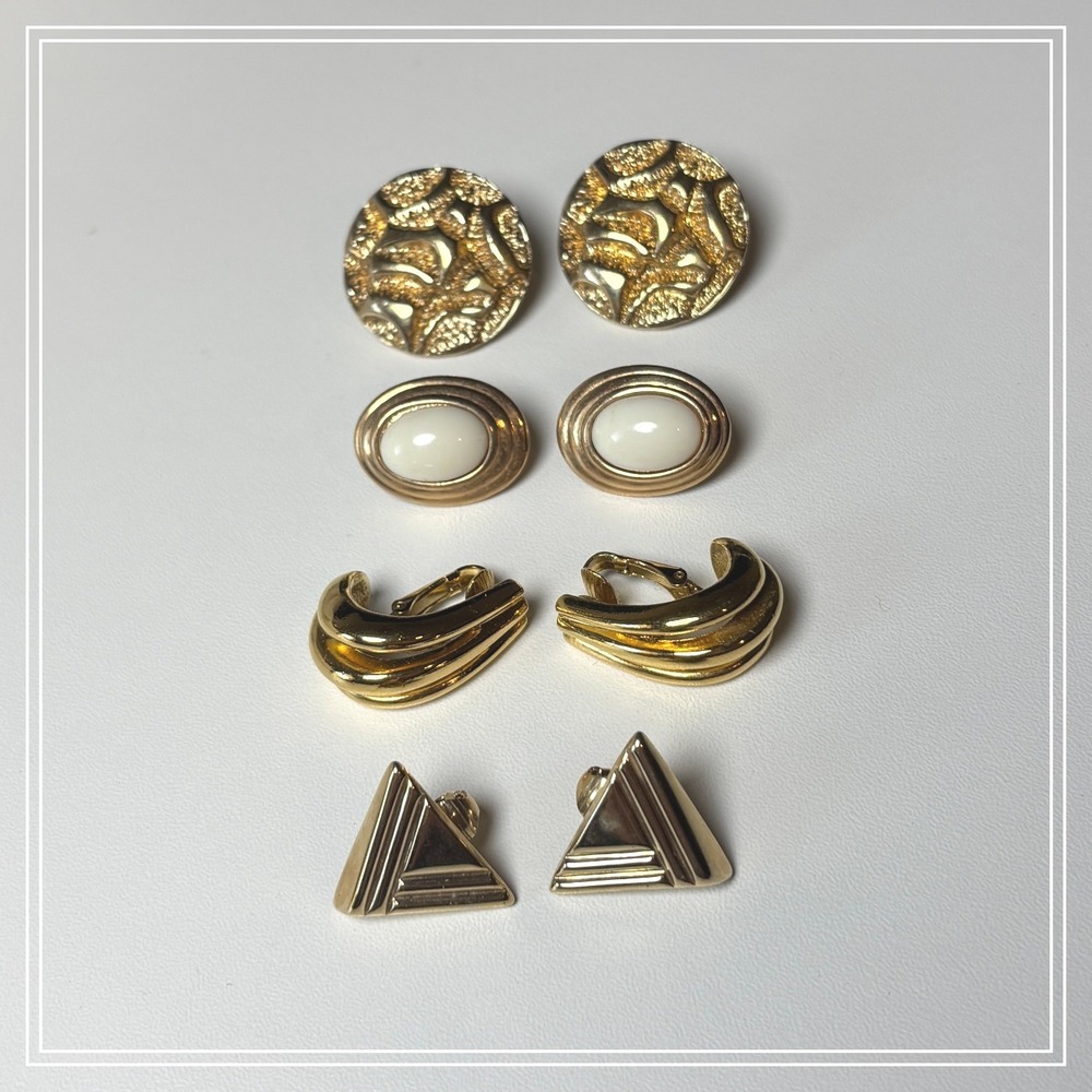Lot of 4 Pairs Gold Tone Clip On Avon Style Earrings Oval‎ Textured Leaf Style